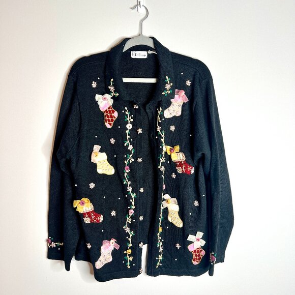 Vtg Christmas Stockings Beaded Festive Button-Up Cardigan Grandma Sweater Sz XL - Picture 1 of 7